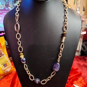 Vintage Gold Tone Chain Link Faceted Amethyst Bead Necklace